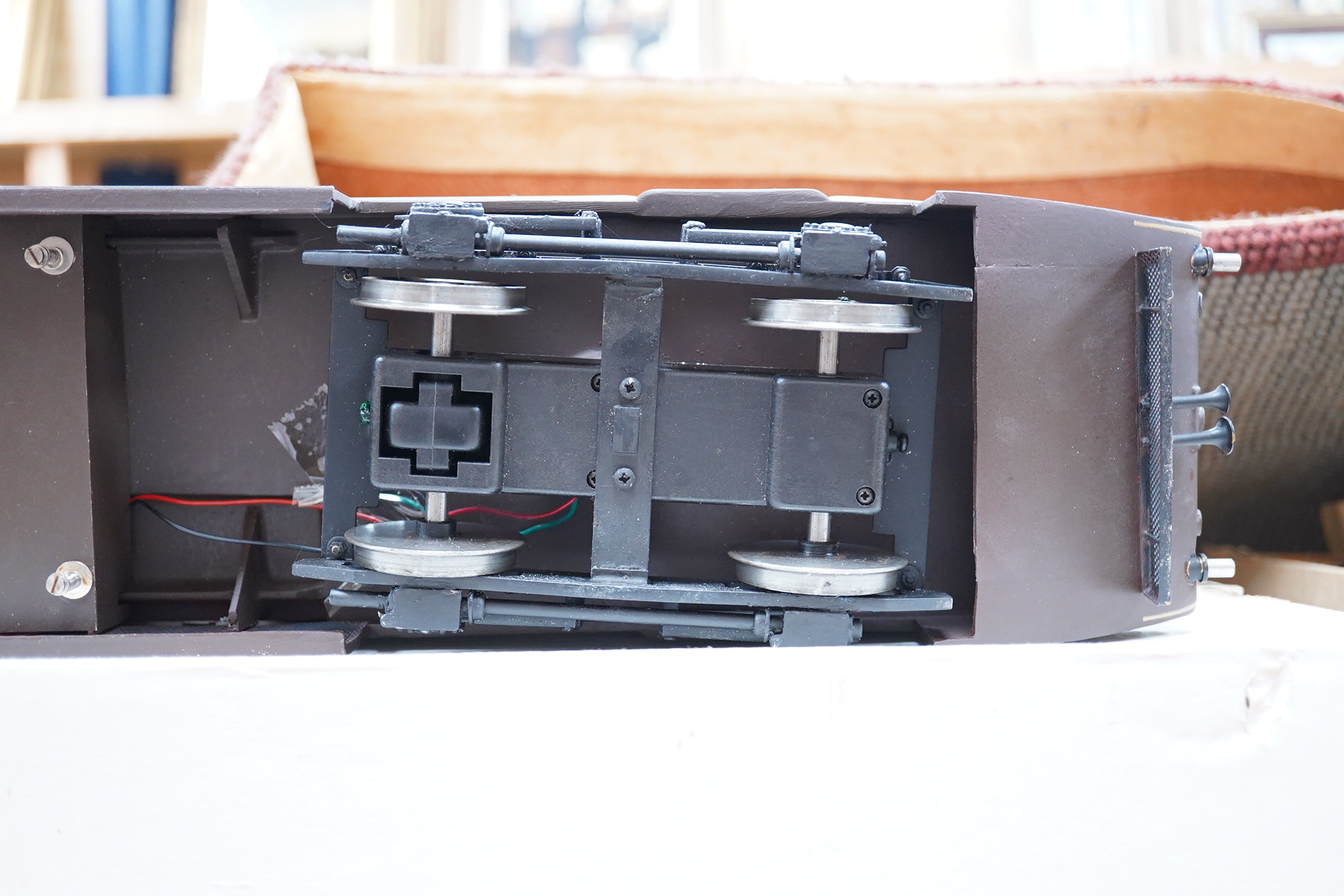 A Gauge 3 model railway GWR 'Flying Banana' railcar, radio controlled kit built from a GRS (Garden Railway Specialists) kit, with original assembly instructions